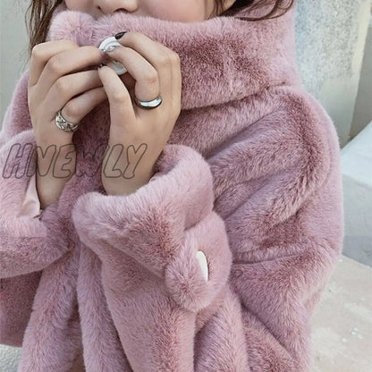 xsrrr Fur Coat Women Casual Korean Hoodies Furry Thick Bat Sleeved Warm Long Faux Rabbit Fur Jacket Loose Winter Coat Outwears Teenage Fashion Outfits