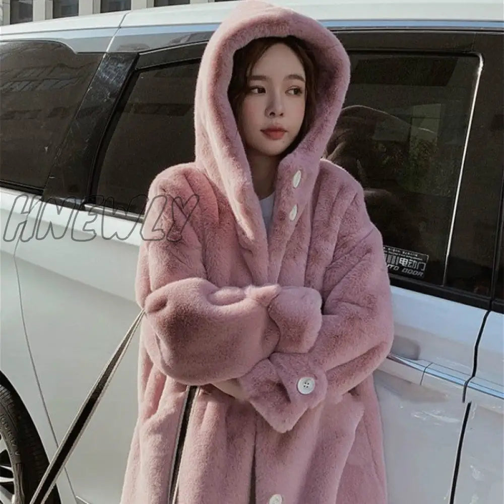 xsrrr Fur Coat Women Casual Korean Hoodies Furry Thick Bat Sleeved Warm Long Faux Rabbit Fur Jacket Loose Winter Coat Outwears Teenage Fashion Outfits