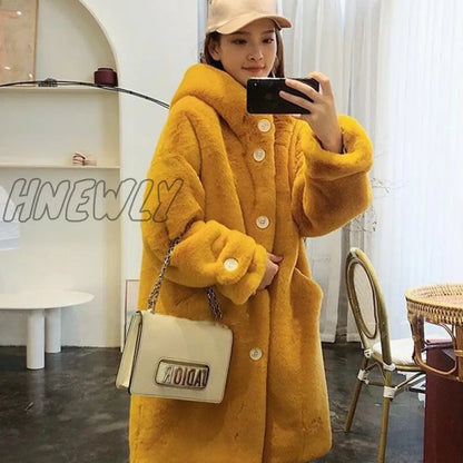 xsrrr Fur Coat Women Casual Korean Hoodies Furry Thick Bat Sleeved Warm Long Faux Rabbit Fur Jacket Loose Winter Coat Outwears Teenage Fashion Outfits