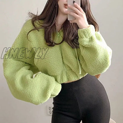 Hnewly Furry Hooded Cropped Jackets Zipper Coats Women'S Jacket Winter Black Short Jacket 90s Harajuku Korean Female New Winter fits Streetwear