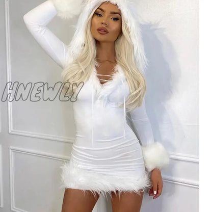 xsrrr Furry Long Sleeve Hooded Bodycon Mini Dresses Women White V Neck Fuzzy Dress Skinny Christmas Party Streetwear Winter Christmas Party Outfits