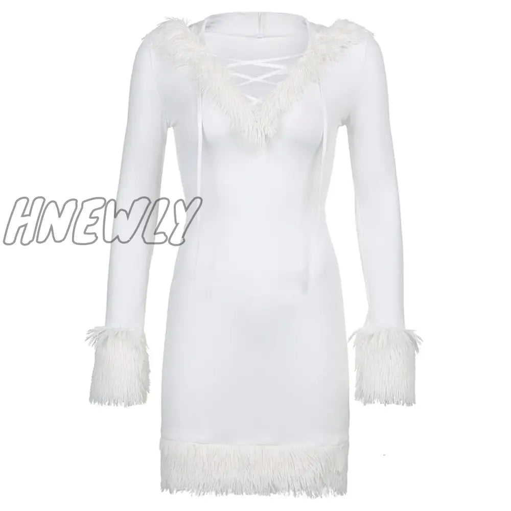 xsrrr Furry Long Sleeve Hooded Bodycon Mini Dresses Women White V Neck Fuzzy Dress Skinny Christmas Party Streetwear Winter Christmas Party Outfits