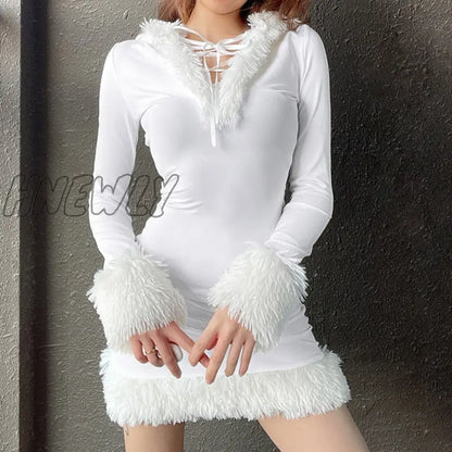 xsrrr Furry Long Sleeve Hooded Bodycon Mini Dresses Women White V Neck Fuzzy Dress Skinny Christmas Party Streetwear Winter Christmas Party Outfits