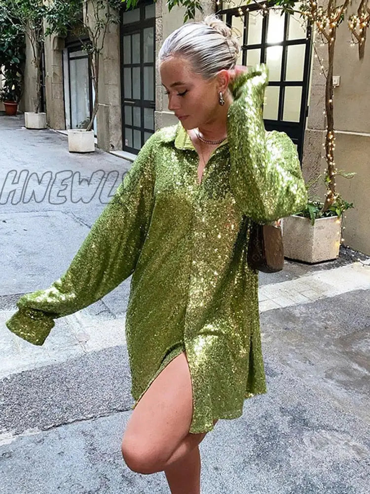 Hnewly Glitter Dress Long Sleeve Party Dresses Sequin Dress Women Y2K Solid Shirt Dress Green V Neck Mini Dress Club Fall Winter Dress