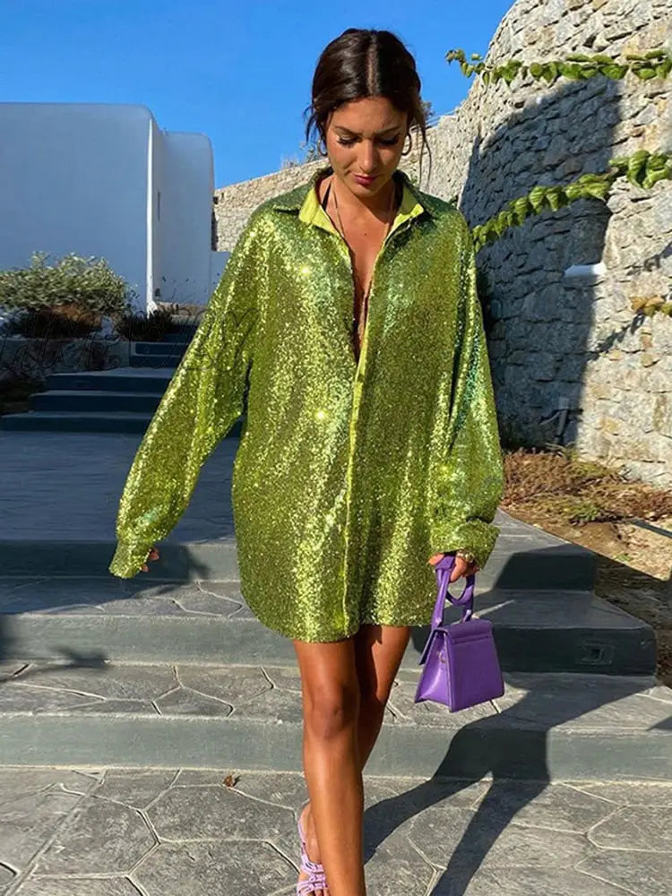 Hnewly Glitter Dress Long Sleeve Party Dresses Sequin Dress Women Y2K Solid Shirt Dress Green V Neck Mini Dress Club Fall Winter Dress