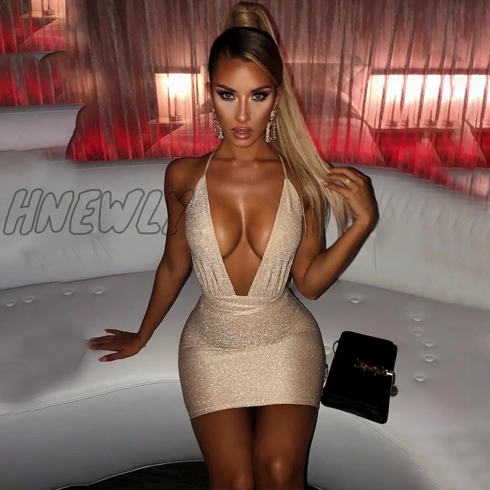 xsrrr  Glitter Sequin Women Strap Mini Dress Deep V Neck Lace Up Bandage Backless Bodycon Sexy Party Club Autumn Winter Valentine's Day