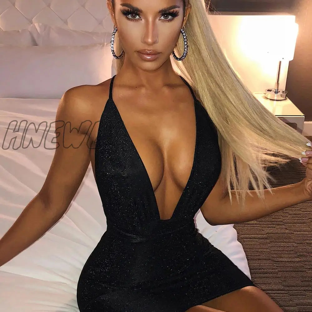 xsrrr  Glitter Sequin Women Strap Mini Dress Deep V Neck Lace Up Bandage Backless Bodycon Sexy Party Club Autumn Winter Valentine's Day