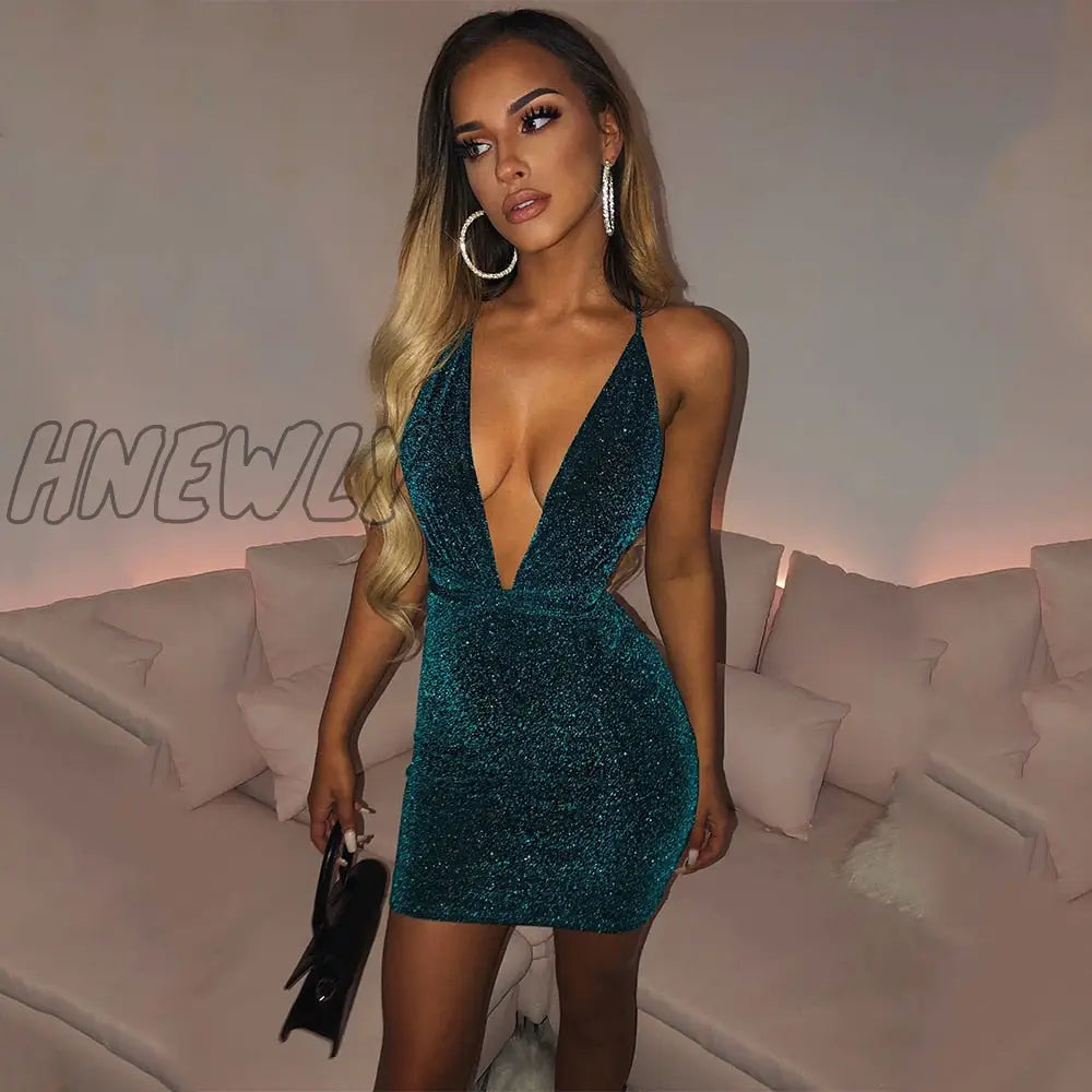 xsrrr  Glitter Sequin Women Strap Mini Dress Deep V Neck Lace Up Bandage Backless Bodycon Sexy Party Club Autumn Winter Valentine's Day