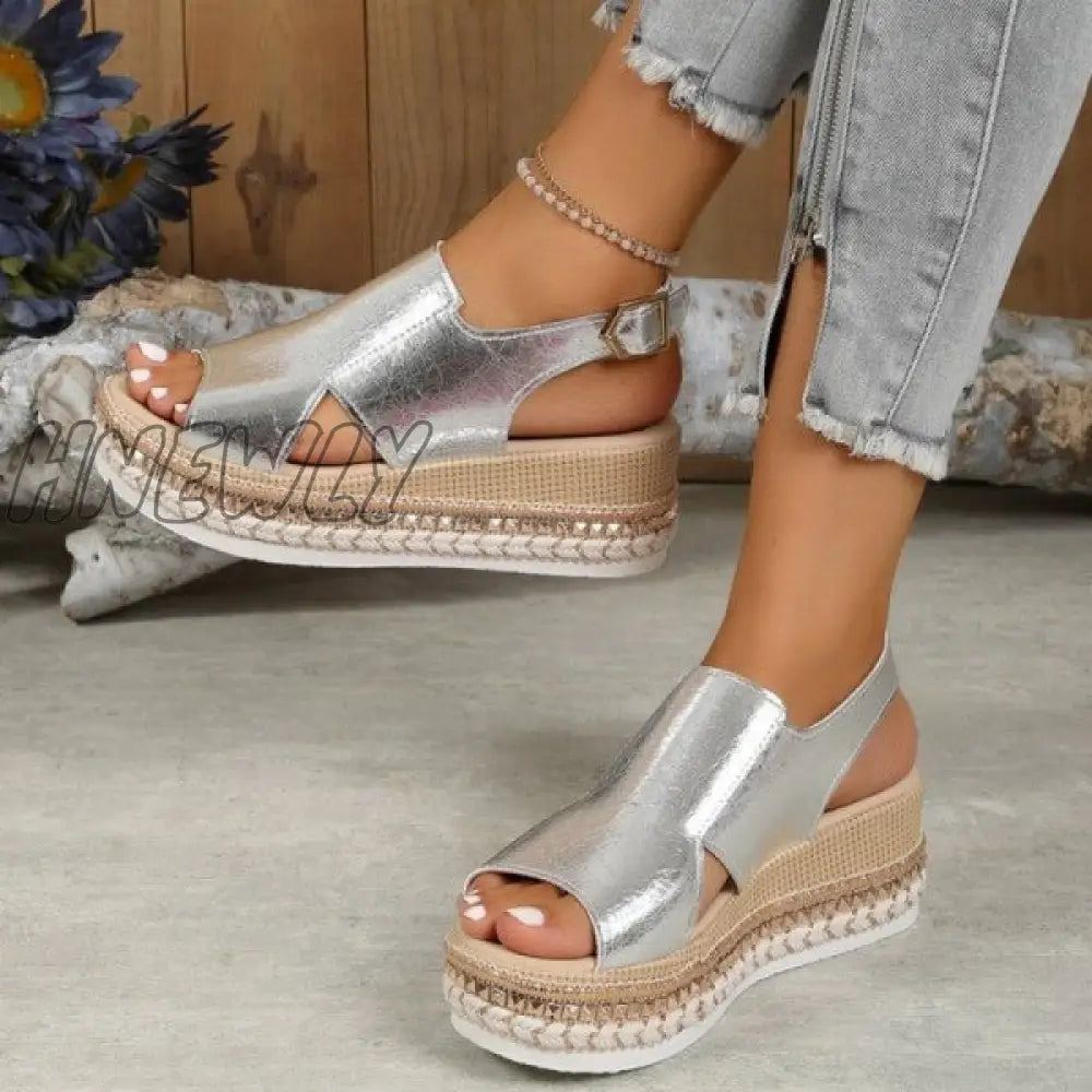 xsrrr - Gold Casual Hollowed Out Patchwork Fish Mouth Out Door Wedges Shoes (Heel Height 1.97in)