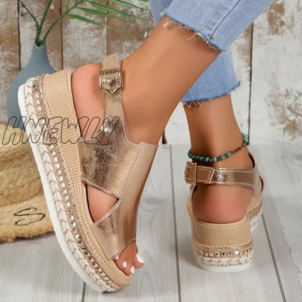 xsrrr - Gold Casual Hollowed Out Patchwork Fish Mouth Out Door Wedges Shoes (Heel Height 1.97in)