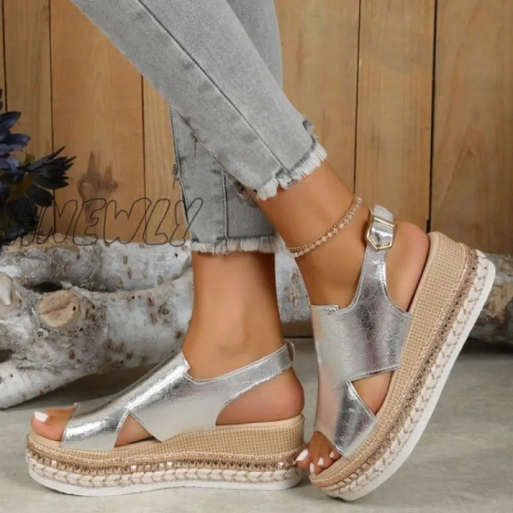 xsrrr - Gold Casual Hollowed Out Patchwork Fish Mouth Out Door Wedges Shoes (Heel Height 1.97in)