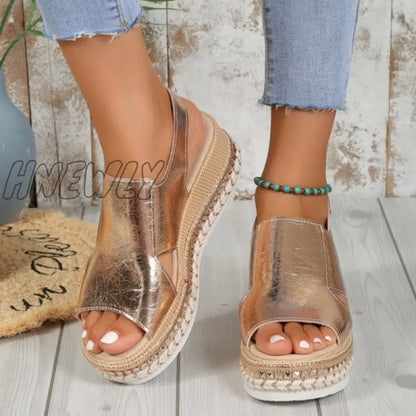 xsrrr - Gold Casual Hollowed Out Patchwork Fish Mouth Out Door Wedges Shoes (Heel Height 1.97in)