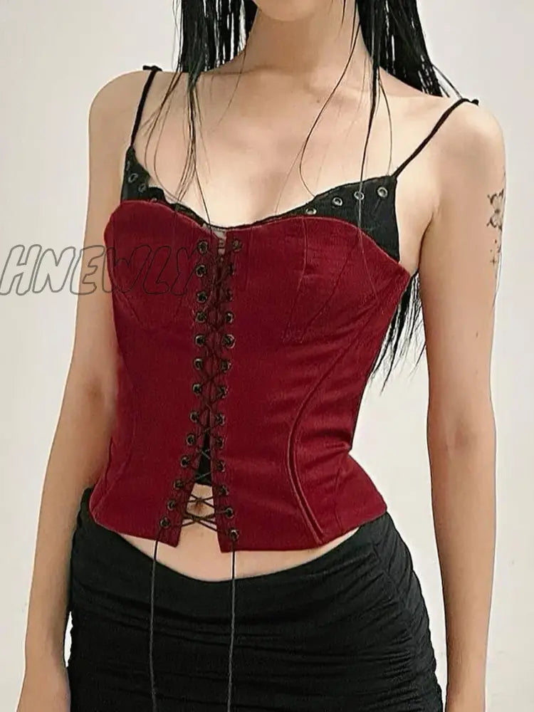 Hnewly Gothic Patchwork Bandage Camis Top Dark Slim Slash Neck Sleeveless Tank Tops Women 2024 Summer Fashion Streetwear Lady