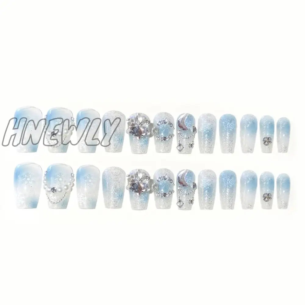 xsrrr Gradient Blue Fake Nails with Flower Crystal Design Glitter Fake Nails for Lady Girls Christmas Gifts Artificial Nails Handmade