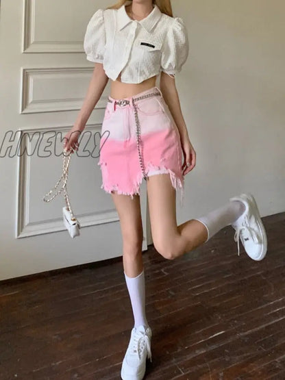 xsrrr Gradient Pink Jean Skirt Women Korean Fashion High Waist Irregular Hole Sexy Denim Mini Skirt Summer Y2k Punk Streetwear