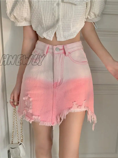 xsrrr Gradient Pink Jean Skirt Women Korean Fashion High Waist Irregular Hole Sexy Denim Mini Skirt Summer Y2k Punk Streetwear