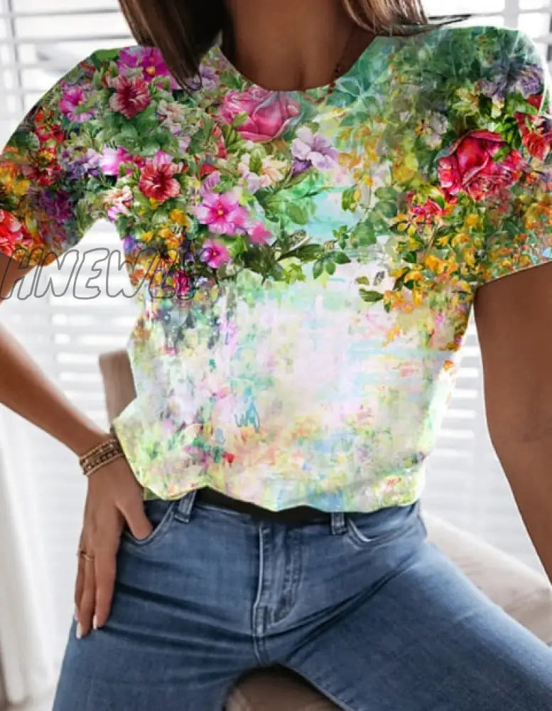 xsrrr Graphic Floral Print Streetwear Casual Short Sleeve Plus Size Funny Kawaii Harajuku Tees T-shirt Summer Clothing for Women