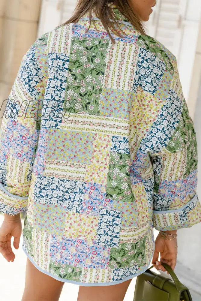 xsrrr - Green Casual Floral Pocket Turndown Collar Outerwear