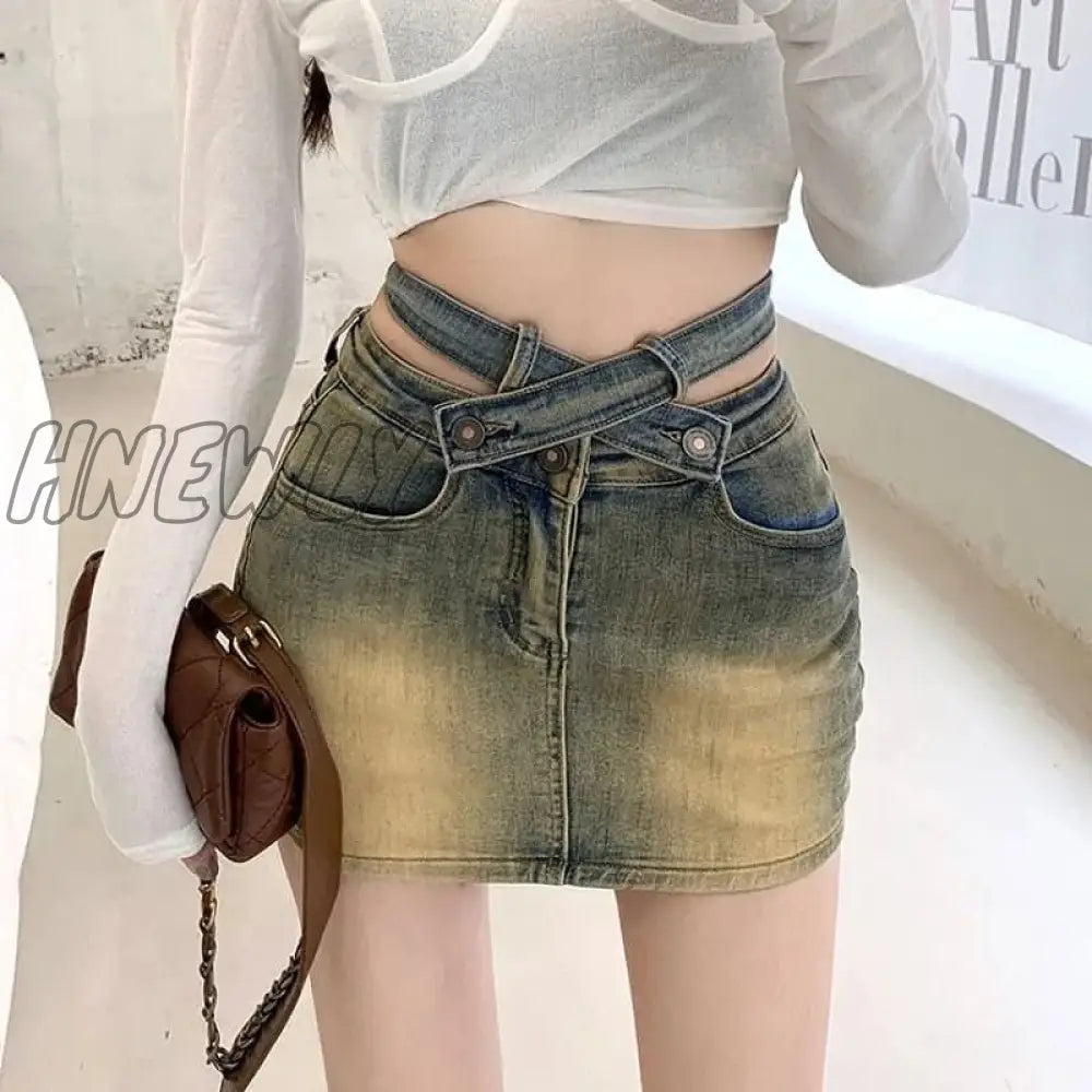 Hnewly Gyaru Denim Mini Skirt Women High Waist A-Line Belt Distressed Bodycon Kpop Skirt Summer Vintage Streetwear Fashion