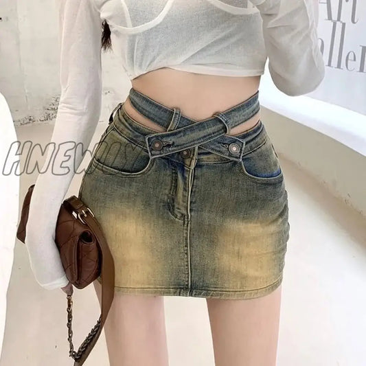 Hnewly Gyaru Denim Mini Skirt Women High Waist A-Line Belt Distressed Bodycon Kpop Skirt Summer Vintage Streetwear Fashion