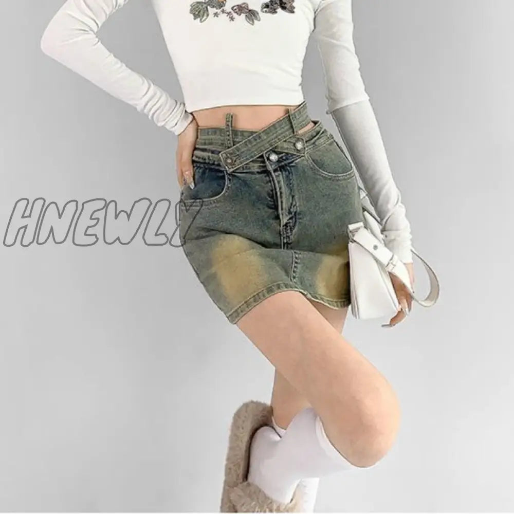 Hnewly Gyaru Denim Mini Skirt Women High Waist A-Line Belt Distressed Bodycon Kpop Skirt Summer Vintage Streetwear Fashion