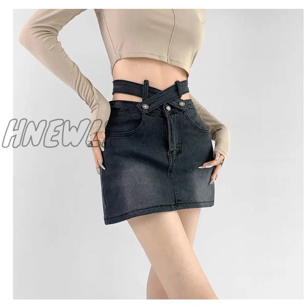 Hnewly Gyaru Denim Mini Skirt Women High Waist A-Line Belt Distressed Bodycon Kpop Skirt Summer Vintage Streetwear Fashion