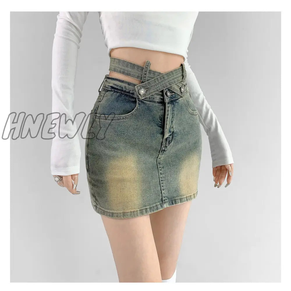 Hnewly Gyaru Denim Mini Skirt Women High Waist A-Line Belt Distressed Bodycon Kpop Skirt Summer Vintage Streetwear Fashion