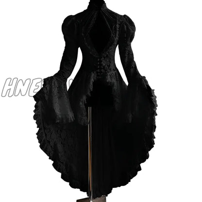 xsrrr Halloween Cosplay Costumes Vintage Dress Women Medieval Gothic Lace Bandage Black Fancy Maxi Dress Vestidos Longo