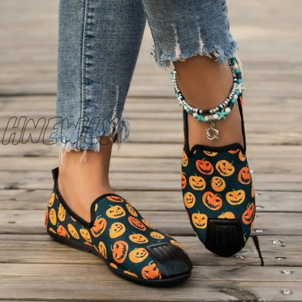 xsrrr - Halloween Cream White Casual Patchwork Printing Round Comfortable Flats Shoes