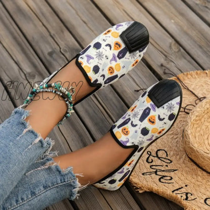 xsrrr - Halloween Cream White Casual Patchwork Printing Round Comfortable Flats Shoes