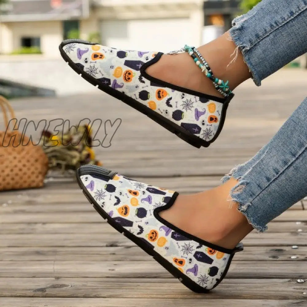 xsrrr - Halloween Cream White Casual Patchwork Printing Round Comfortable Flats Shoes