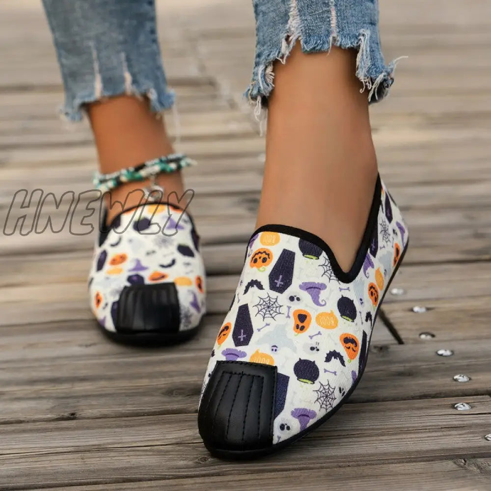 xsrrr - Halloween Cream White Casual Patchwork Printing Round Comfortable Flats Shoes