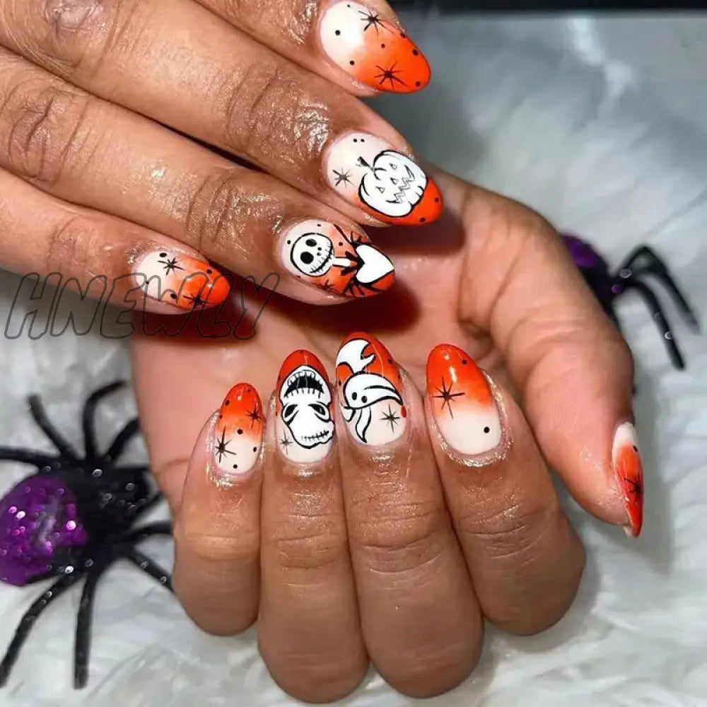 xsrrr Halloween Fake Nail Ghost  Spider Skull Short False Nail Tip Full Cover Wearable Artificial Nail Patch Halloween Supplies