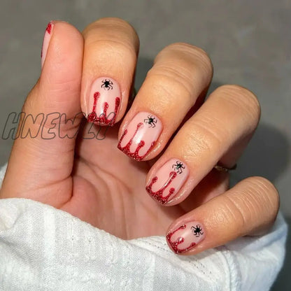 xsrrr Halloween Fake Nail Ghost  Spider Skull Short False Nail Tip Full Cover Wearable Artificial Nail Patch Halloween Supplies