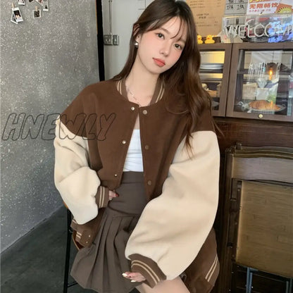 Hnewly Harajuku Baseball Jacket American Retro Baseball Jerseys Women Spring Autumn Patchwork Jacket Loose Street Couple Cothes