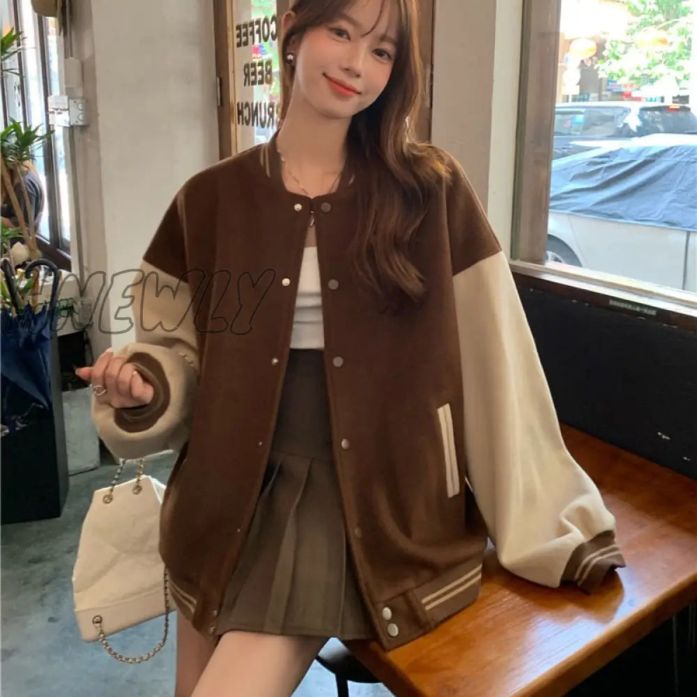 Hnewly Harajuku Baseball Jacket American Retro Baseball Jerseys Women Spring Autumn Patchwork Jacket Loose Street Couple Cothes