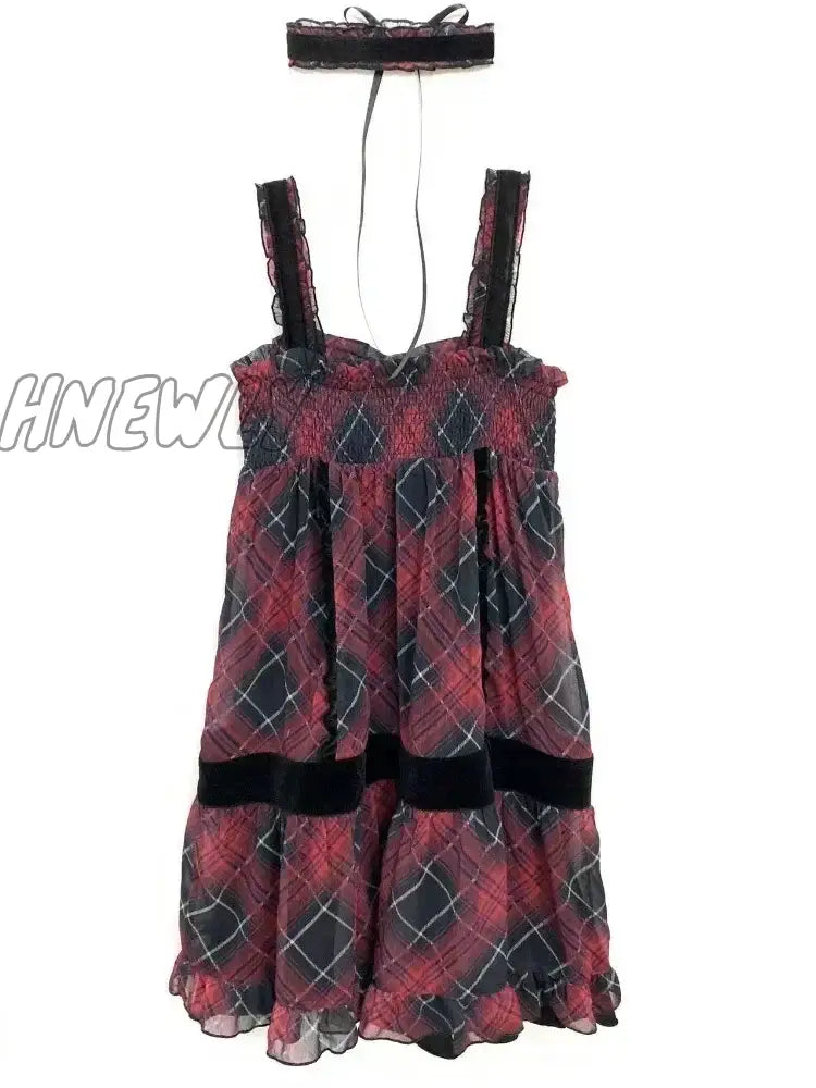 xsrrr Harajuku Goth Red Mini Plaid Dress Women Y2k Gothic Mall Cyber Punk Halloween Dresses Vintage One Piece Slip Vestidos