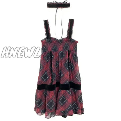 xsrrr Harajuku Goth Red Mini Plaid Dress Women Y2k Gothic Mall Cyber Punk Halloween Dresses Vintage One Piece Slip Vestidos