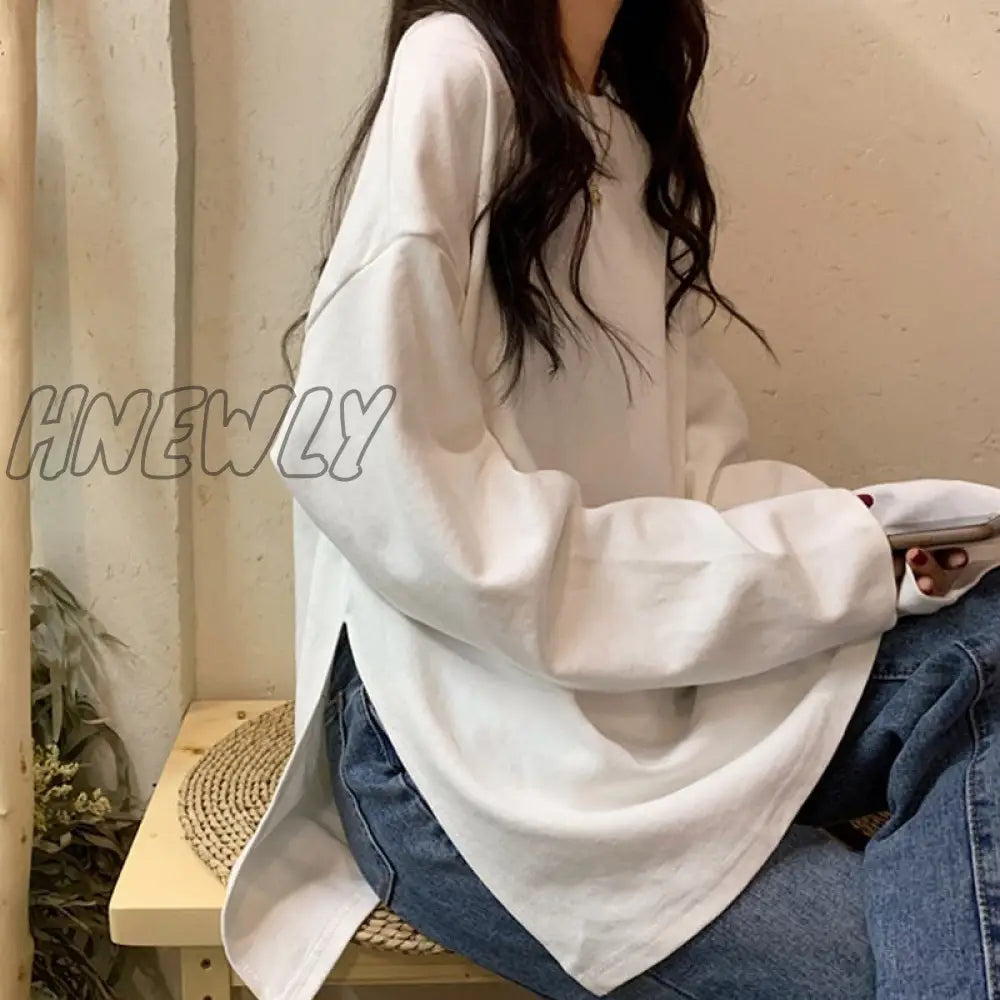 Hnewly harajuku long T Shirt spring autumn Solid Simple oversized t-shirt for Women goth T-shirts Split White black long Sleeve Tops