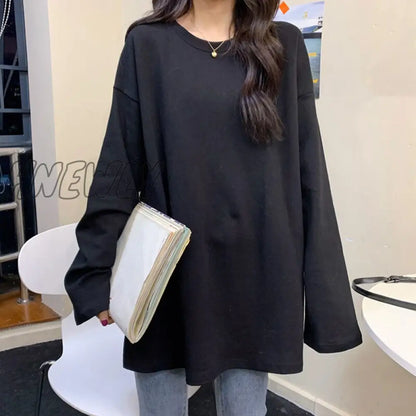 Hnewly harajuku long T Shirt spring autumn Solid Simple oversized t-shirt for Women goth T-shirts Split White black long Sleeve Tops