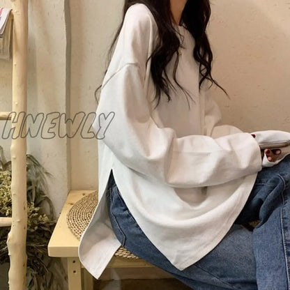 Hnewly harajuku long T Shirt spring autumn Solid Simple oversized t-shirt for Women goth T-shirts Split White black long Sleeve Tops