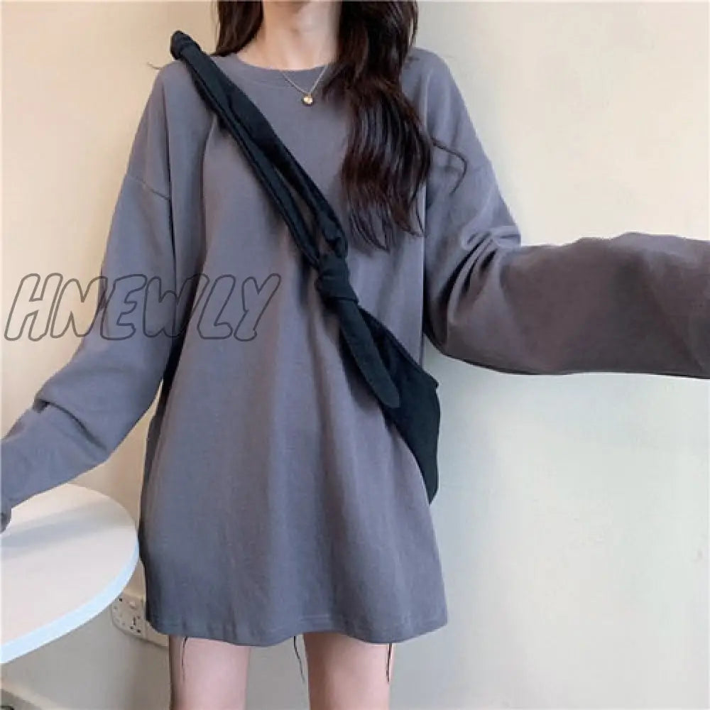 Hnewly harajuku long T Shirt spring autumn Solid Simple oversized t-shirt for Women goth T-shirts Split White black long Sleeve Tops