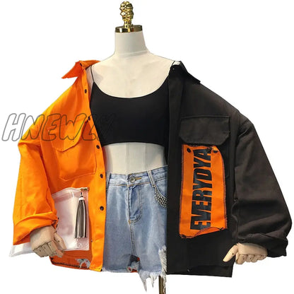 Hnewly Harajuku Oversize Patchwork Jacket Women Spring Autumn New Arrival Outwear Coat Hip Hop Streetwear Loose BF Style Jackets