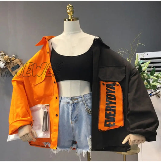 Hnewly Harajuku Oversize Patchwork Jacket Women Spring Autumn New Arrival Outwear Coat Hip Hop Streetwear Loose BF Style Jackets