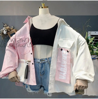 Hnewly Harajuku Oversize Patchwork Jacket Women Spring Autumn New Arrival Outwear Coat Hip Hop Streetwear Loose BF Style Jackets