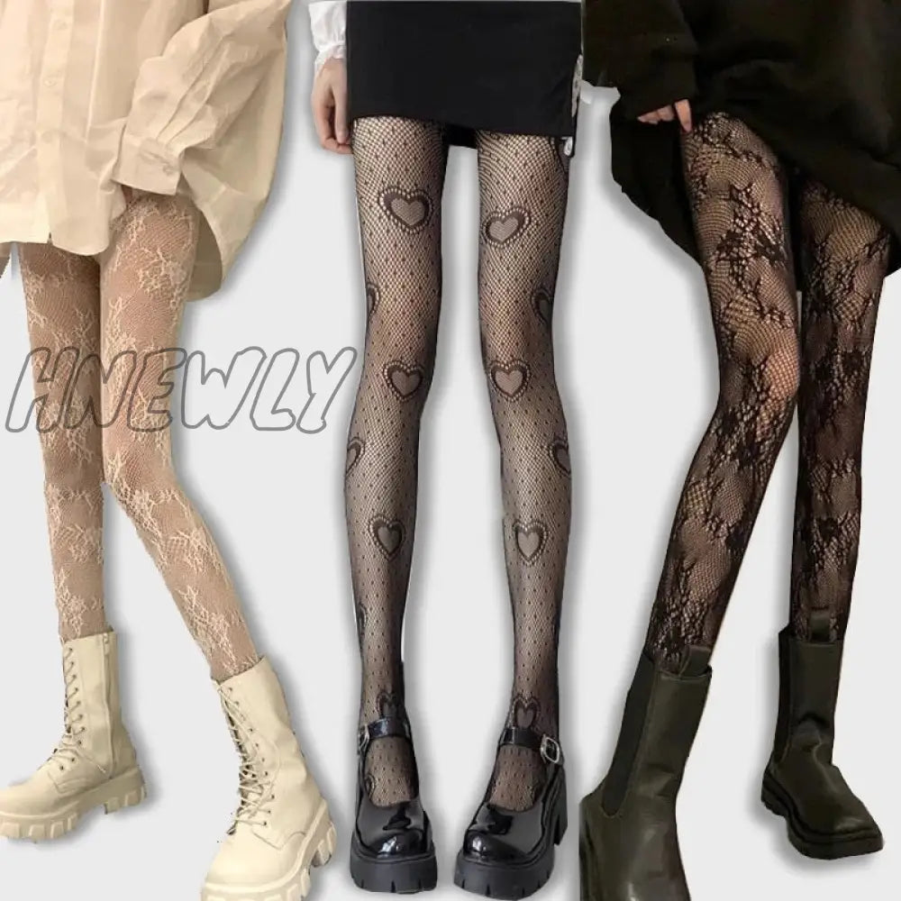 Hnewly Heart Flower Mesh Japanese Girl Lolita Ins Tights Stockings White Fishnet Pantyhose Female for Women Summer Legging Stocking