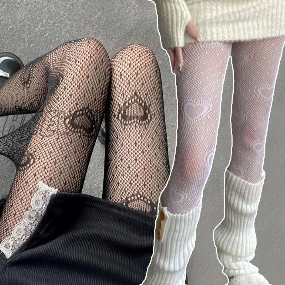 Hnewly Heart Flower Mesh Japanese Girl Lolita Ins Tights Stockings White Fishnet Pantyhose Female for Women Summer Legging Stocking