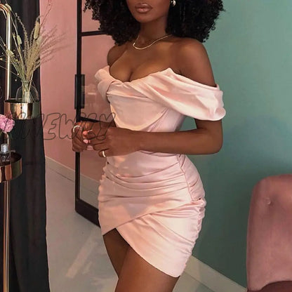 Hnewly High Quality Bodycon Satin Dress Pink Women Party Dress Mini New Double Layer Summer Dress Celebrity Evening Club Dress