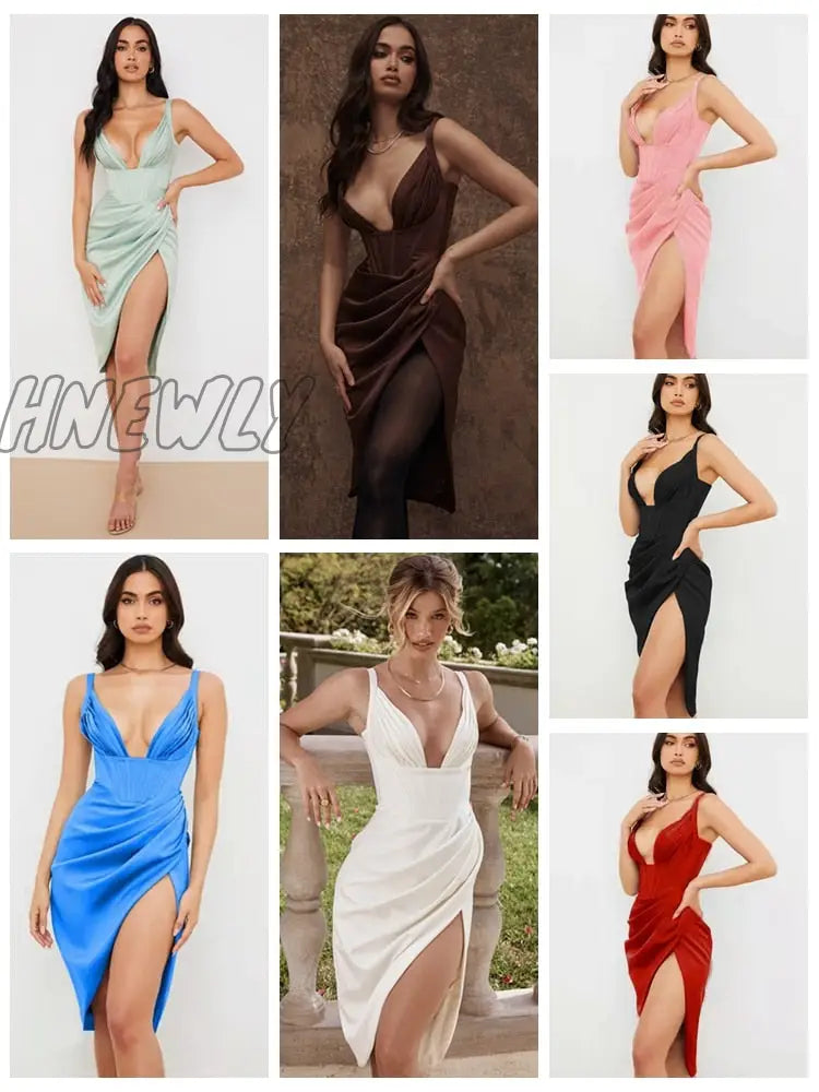 xsrrr High Quality Satin Bodycon Dress Women Party Dress New Arrival Robe Summer Sexy Dress Celebrity Evening Club Night Dresses Valentines Day