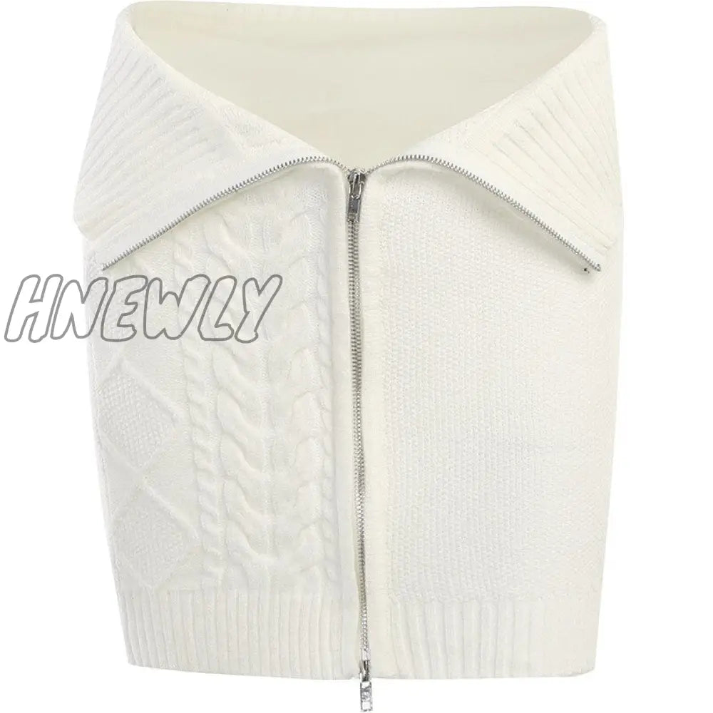 Hnewly High Street Knit Mini Skirts Women Fashion Corchet Zip Up White Skirt New Summer Wrap Hot Girl Short Skirt Y2K